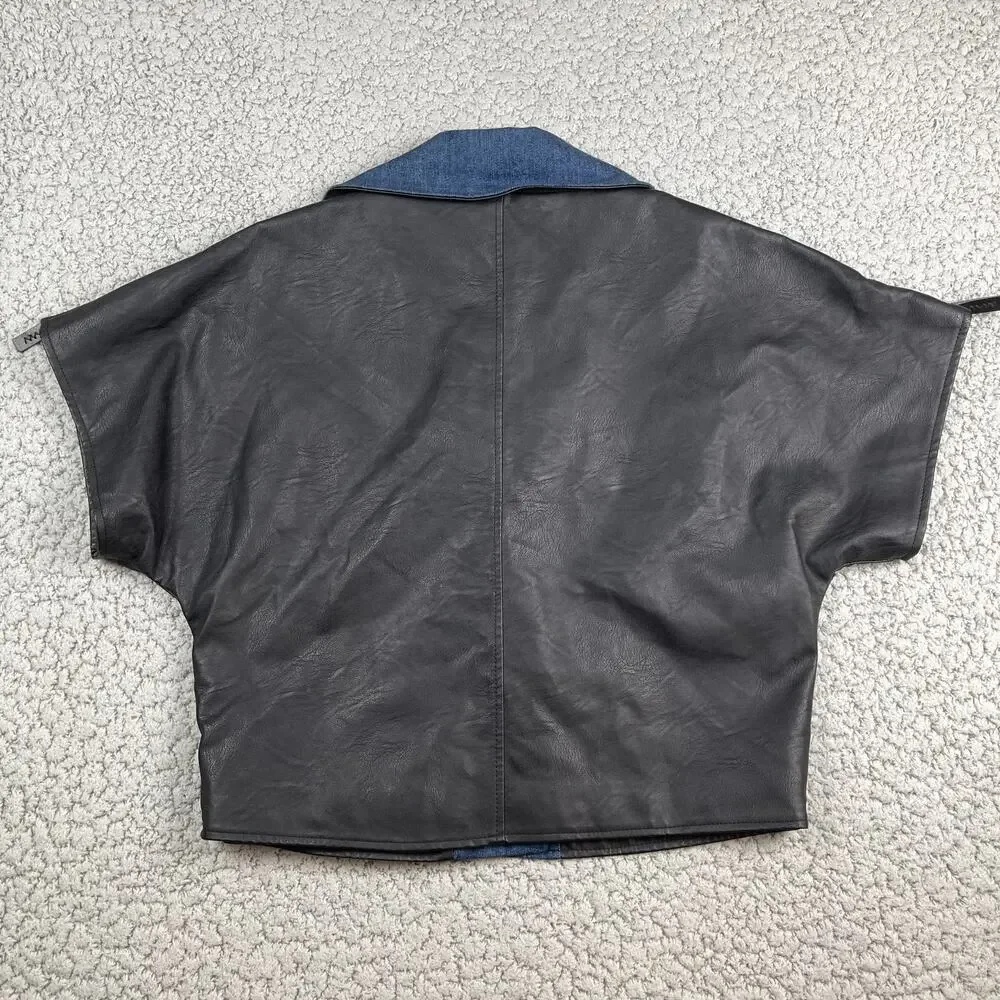 TRACTR Leather Denim Contrasting Moto Jacket Womens XL Short Sleeve Zip Biker - Picture 10 of 11